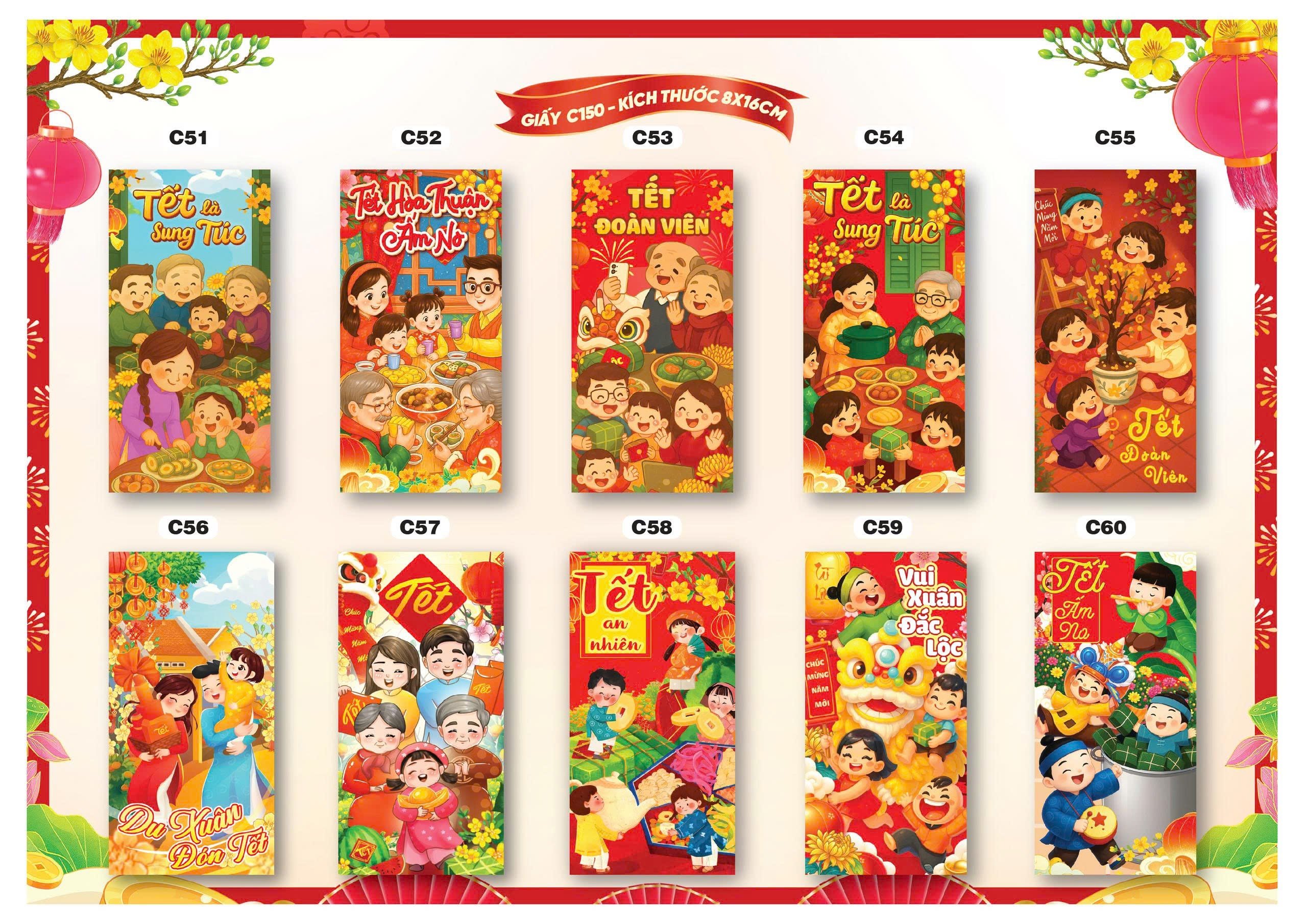 Bao lì xì Tết truyền thống 8x16cm C150 (túi 10 cái/ xấp 100 cái)