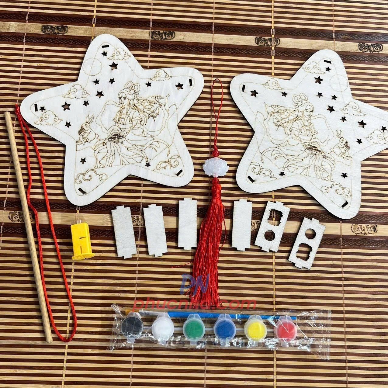 Set lồng đèn trung thu bằng gỗ tự tô màu cho bé (đủ phụ kiện đèn led, tua rua, màu, tay cầm) - Tết trung thu