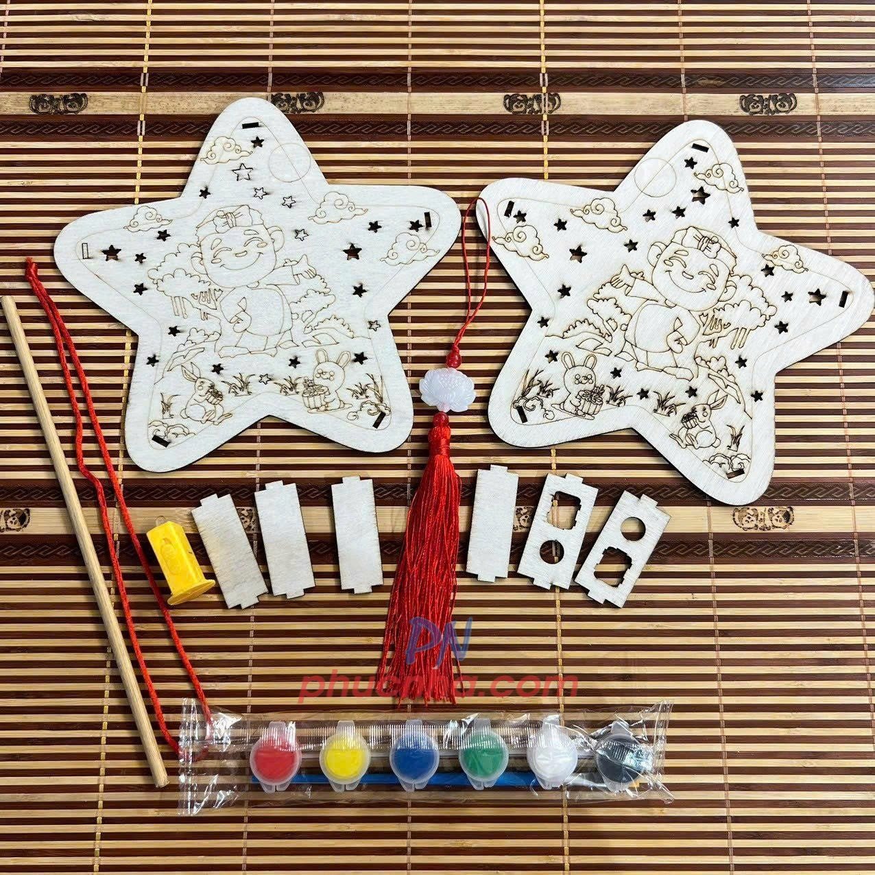 Set lồng đèn trung thu bằng gỗ tự tô màu cho bé (đủ phụ kiện đèn led, tua rua, màu, tay cầm) - Tết trung thu