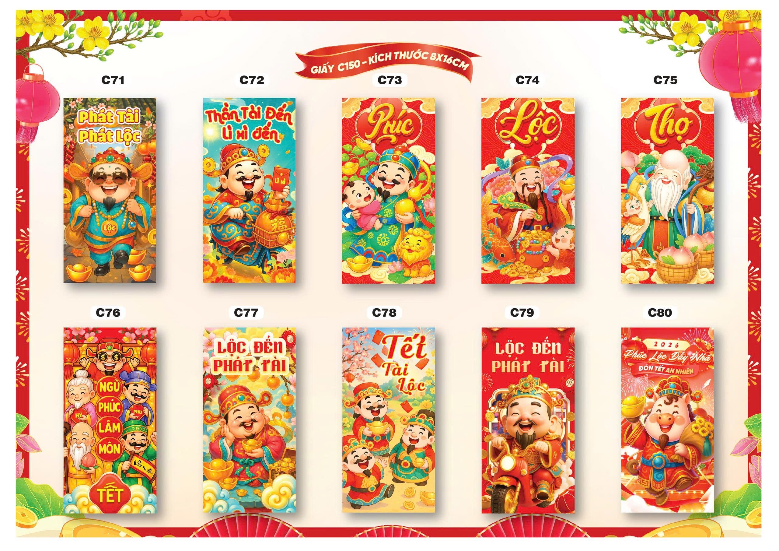 Bao lì xì Tết truyền thống 8x16cm C150 (túi 10 cái/ xấp 100 cái)