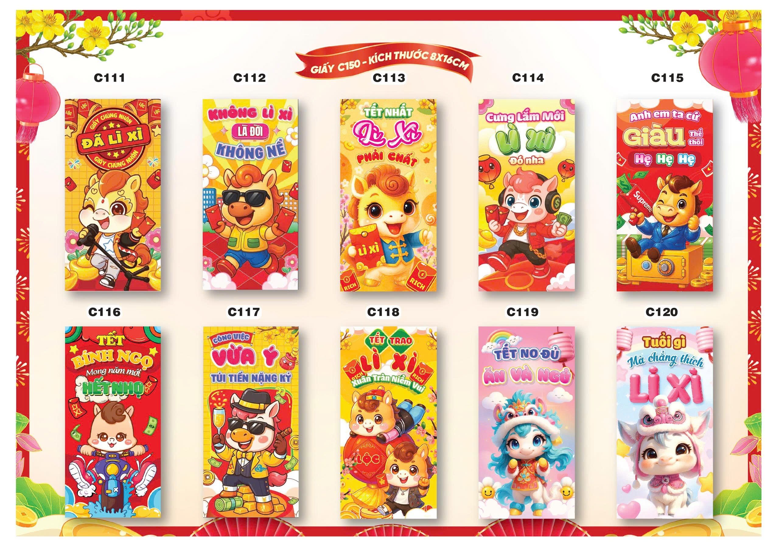 Bao lì xì Tết truyền thống 8x16cm C150 (túi 10 cái/ xấp 100 cái)