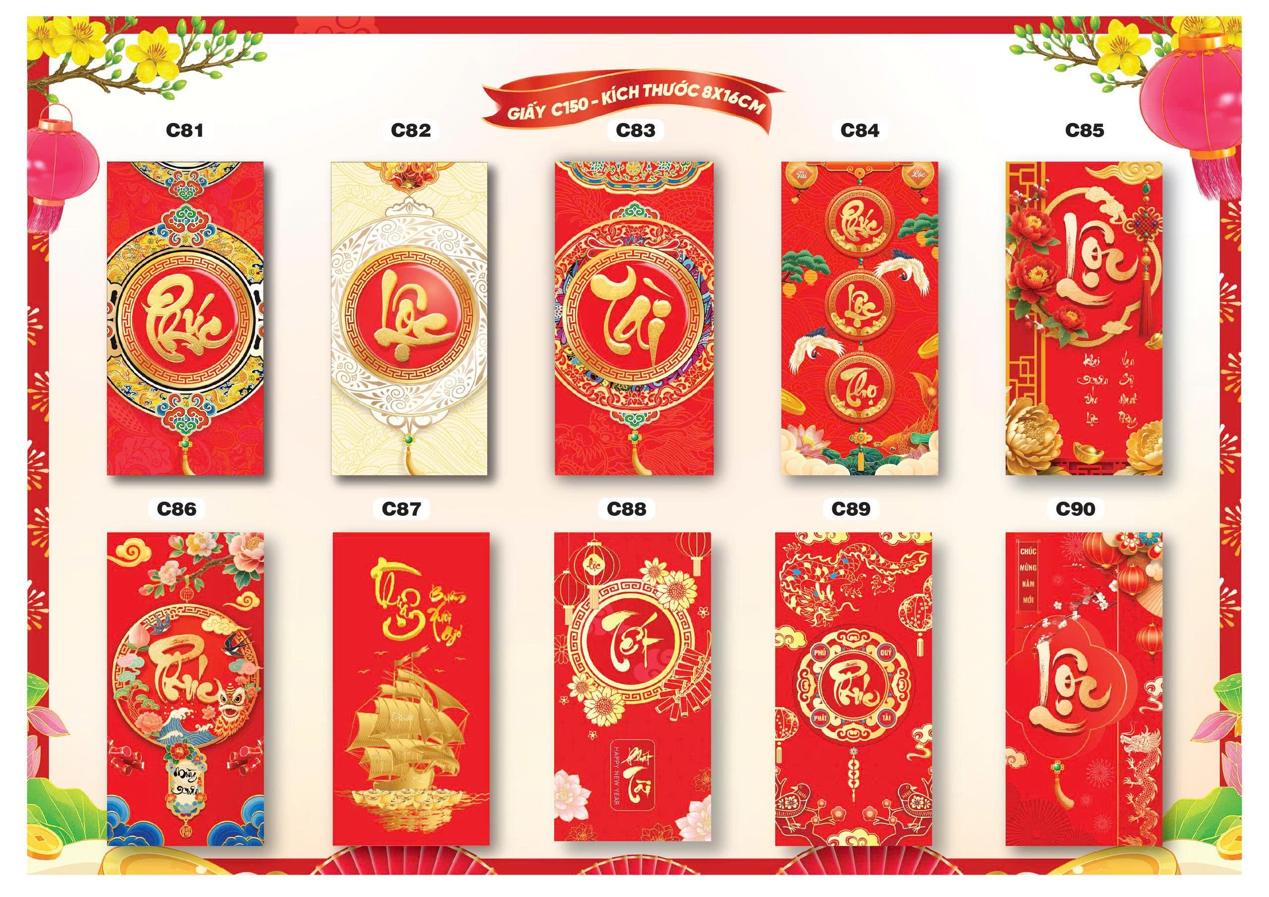 Bao lì xì Tết truyền thống 8x16cm C150 (túi 10 cái/ xấp 100 cái)