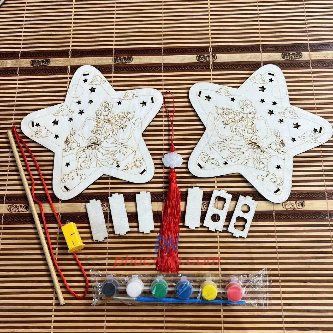 Set lồng đèn trung thu bằng gỗ tự tô màu cho bé (đủ phụ kiện đèn led, tua rua, màu, tay cầm) - Tết trung thu