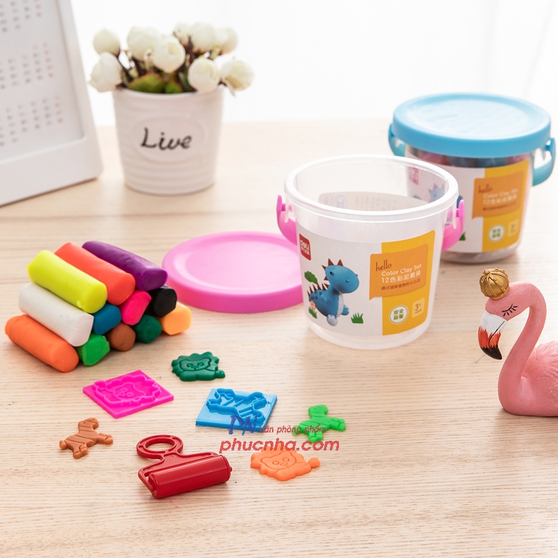 Đất sáp nặn Deli 7022/Y005 12 màu + 3 khuôn