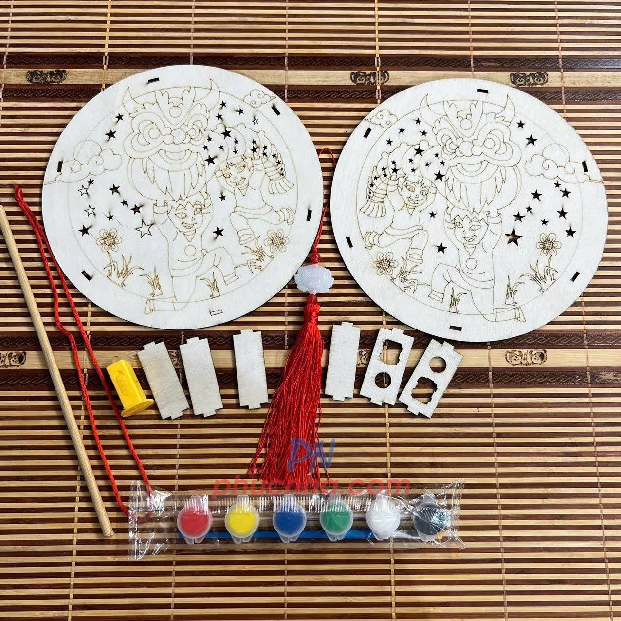 Set lồng đèn trung thu bằng gỗ tự tô màu cho bé (đủ phụ kiện đèn led, tua rua, màu, tay cầm) - Tết trung thu