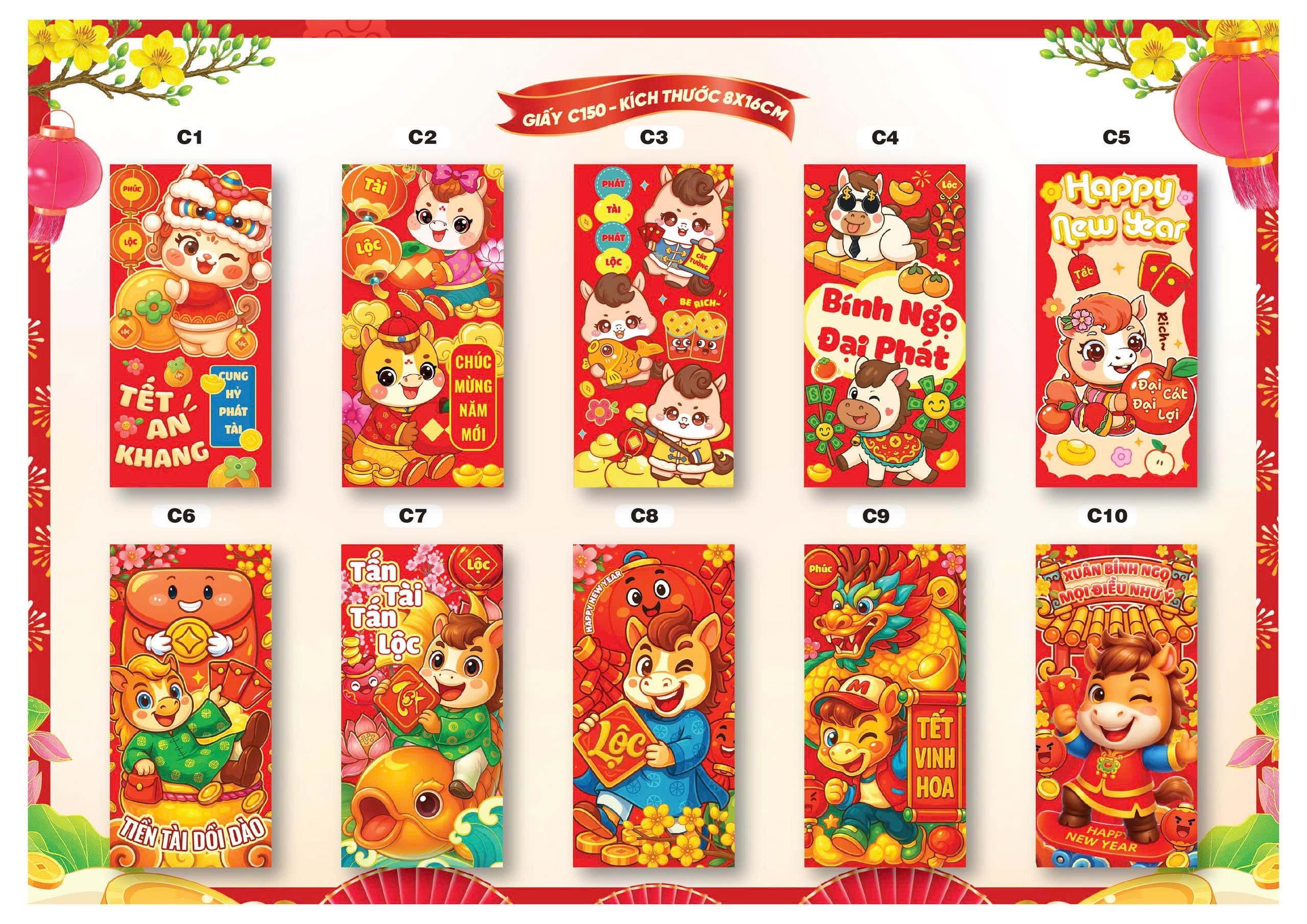 Bao lì xì Tết truyền thống 8x16cm C150 (túi 10 cái/ xấp 100 cái)
