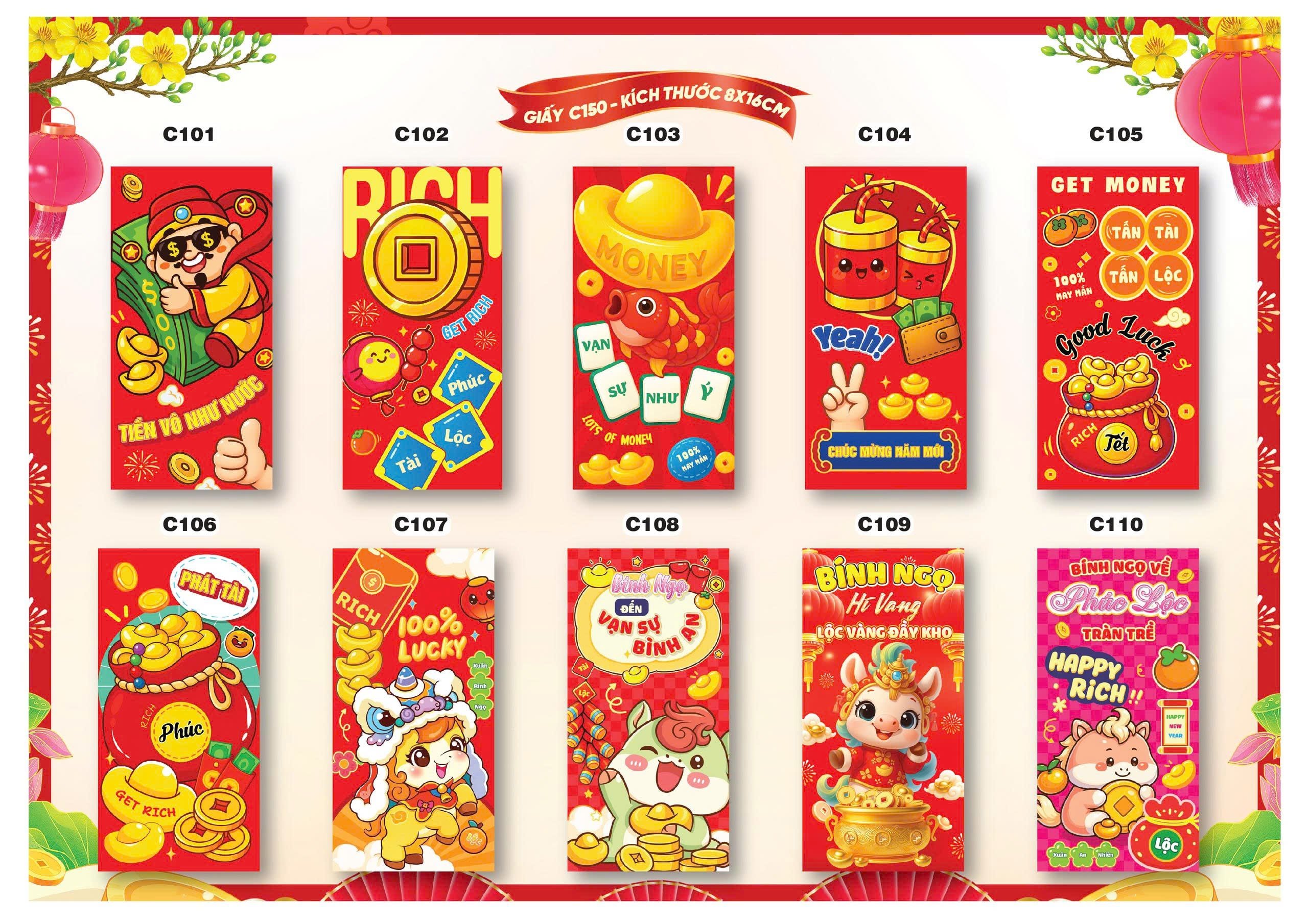 Bao lì xì Tết truyền thống 8x16cm C150 (túi 10 cái/ xấp 100 cái)