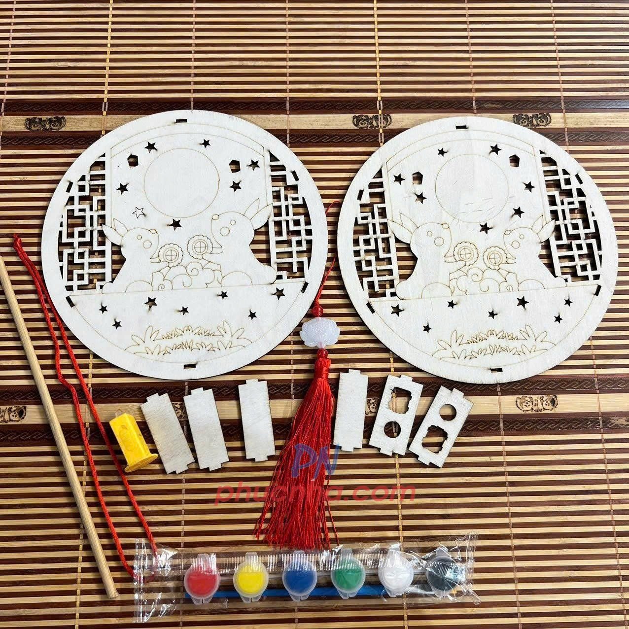 Set lồng đèn trung thu bằng gỗ tự tô màu cho bé (đủ phụ kiện đèn led, tua rua, màu, tay cầm) - Tết trung thu