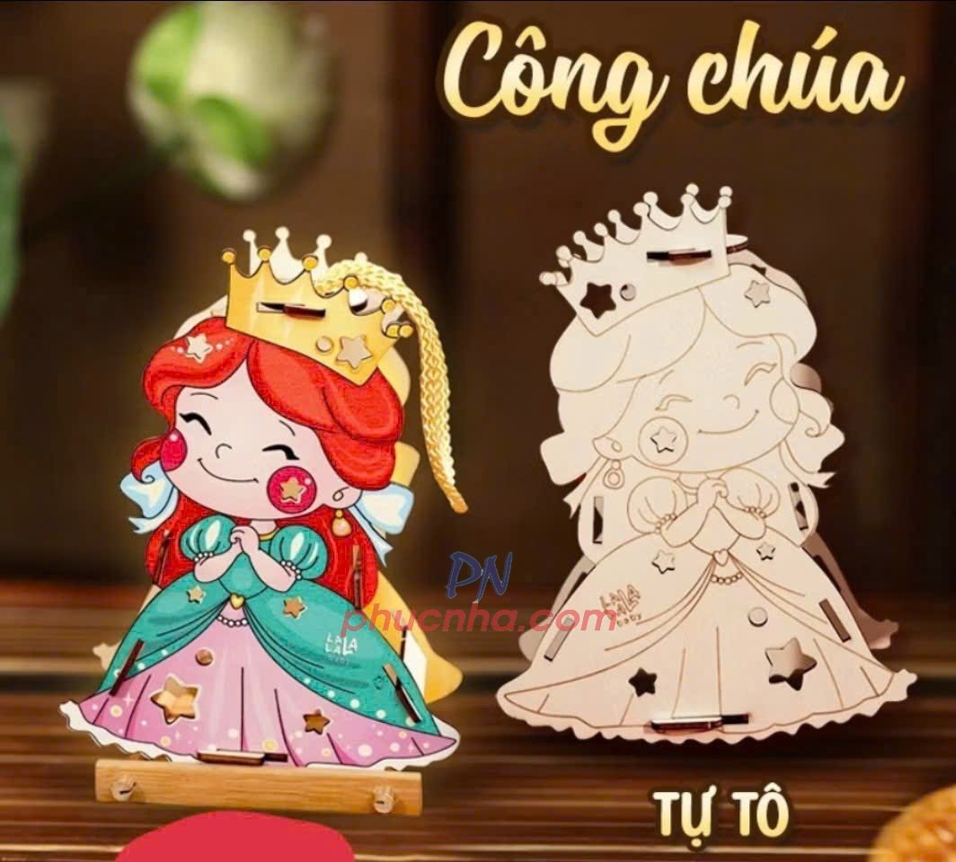 Set lồng đèn trung thu bằng gỗ tự tô màu cho bé (đủ phụ kiện đèn led, tua rua, màu, tay cầm) - Tết trung thu