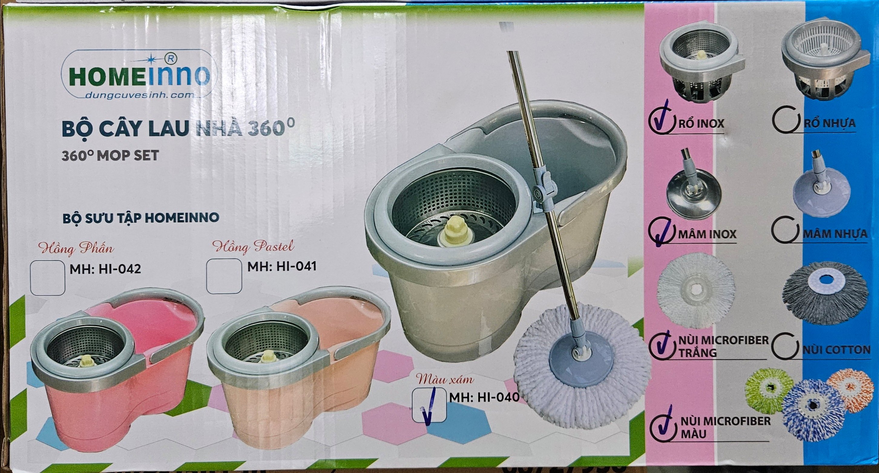 Bộ lau nhà 360 Homeinno Loại Tròn - Rổ Inox - Mâm Inox - Nùi microfiber HI037/ HI038/ HI039/ HI040/ HI041/ HI042