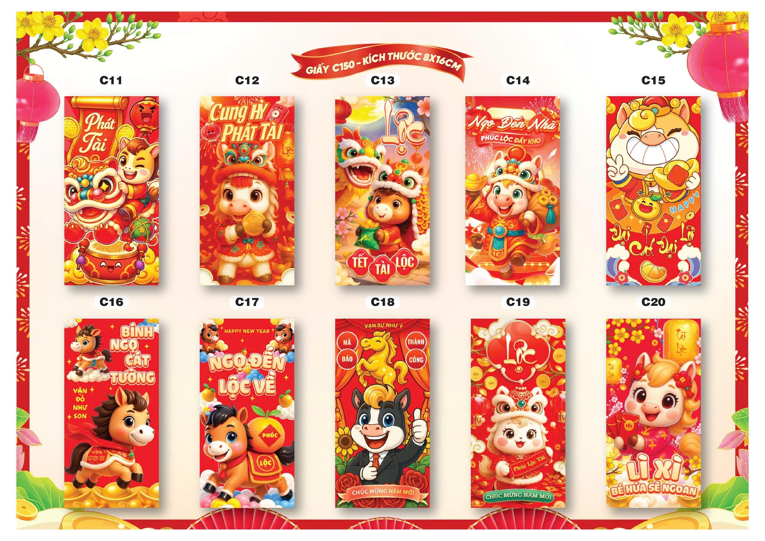 Bao lì xì Tết truyền thống 8x16cm C150 (túi 10 cái/ xấp 100 cái)