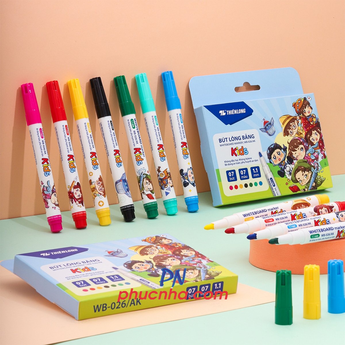 Bút lông bảng Thiên Long WB-026 AK cây nhỏ nét 1.1mm, hộp 7 màu mực