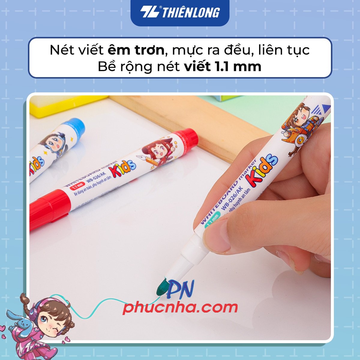 Bút lông bảng Thiên Long WB-026 AK cây nhỏ nét 1.1mm, hộp 7 màu mực