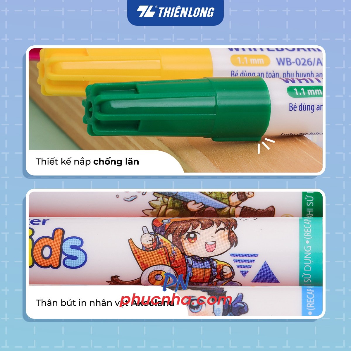 Bút lông bảng Thiên Long WB-026 AK cây nhỏ nét 1.1mm, hộp 7 màu mực