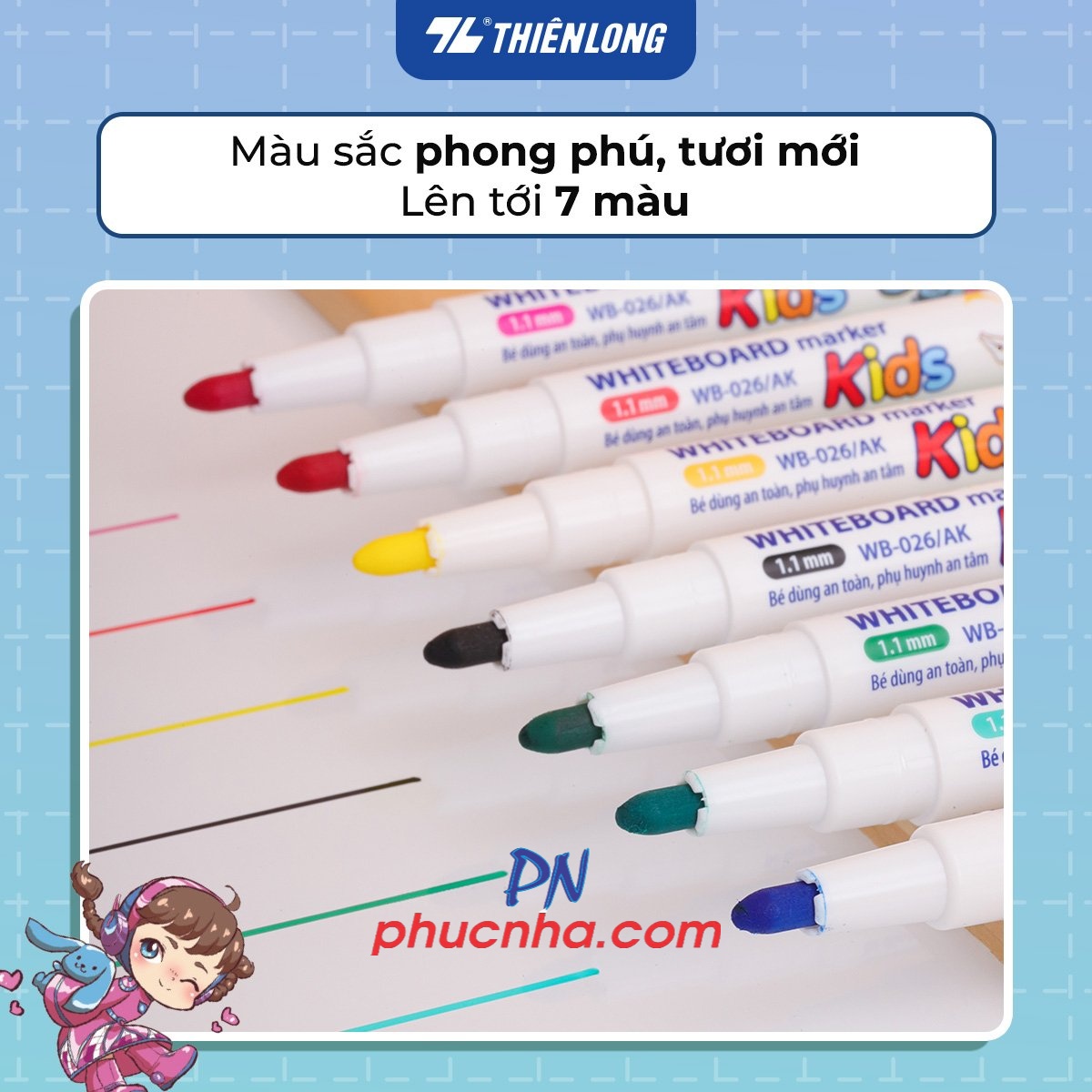 Bút lông bảng Thiên Long WB-026 AK cây nhỏ nét 1.1mm, hộp 7 màu mực