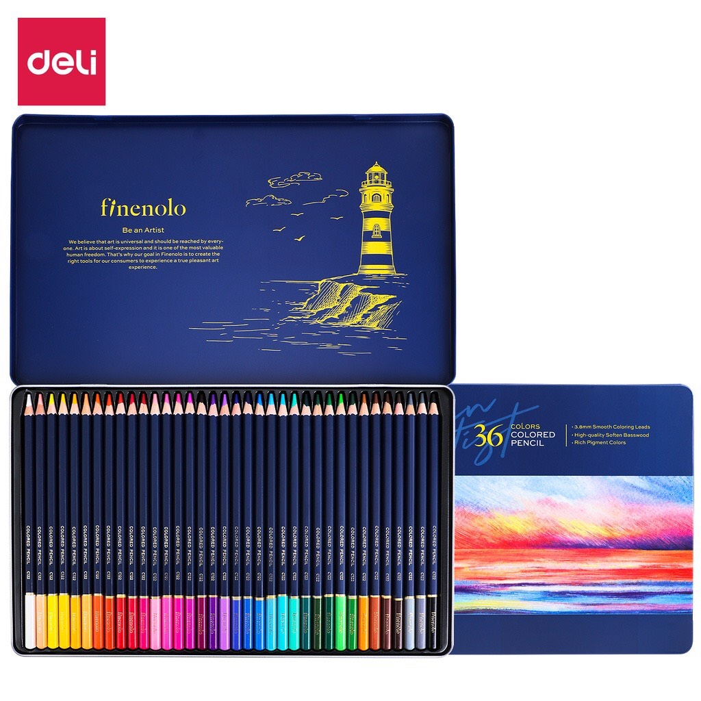 Bút chì màu gốc dầu Deli Finenolo C122 hộp thiếc - 24 màu/ 36 màu/ 48 màu/ 72 màu