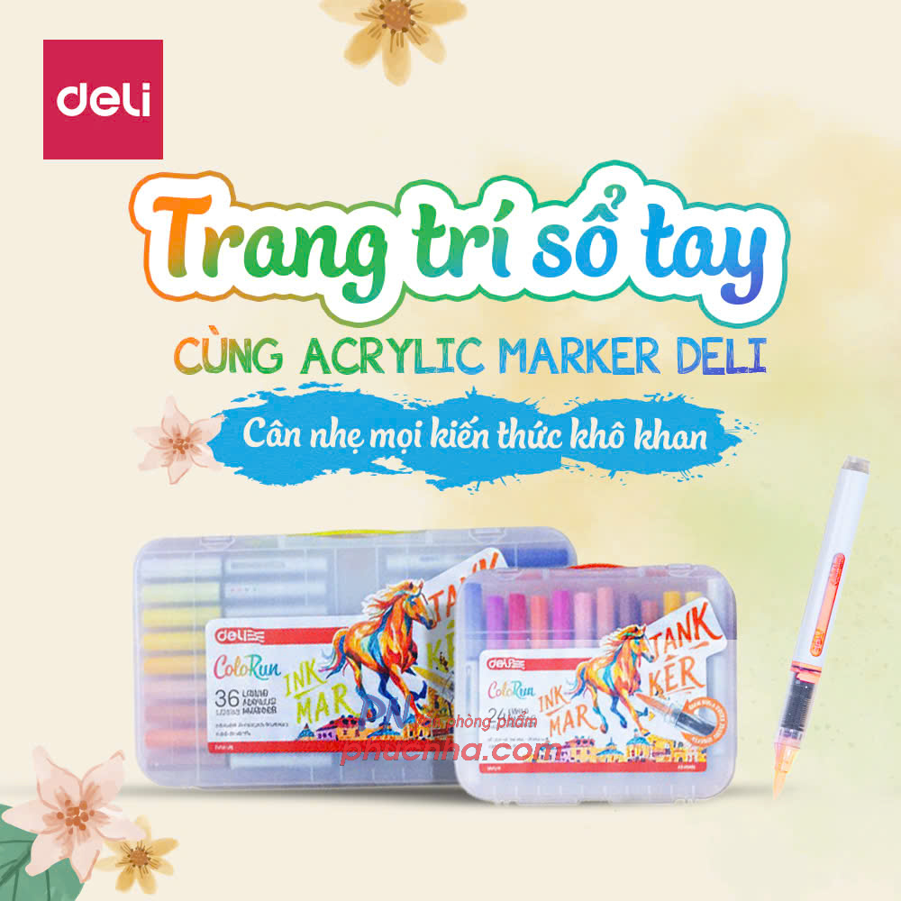Bút lông màu marker acrylic Deli C199 1 đầu brush mực lỏng - 12 màu/ 24 màu/ 36 màu/ 48 màu