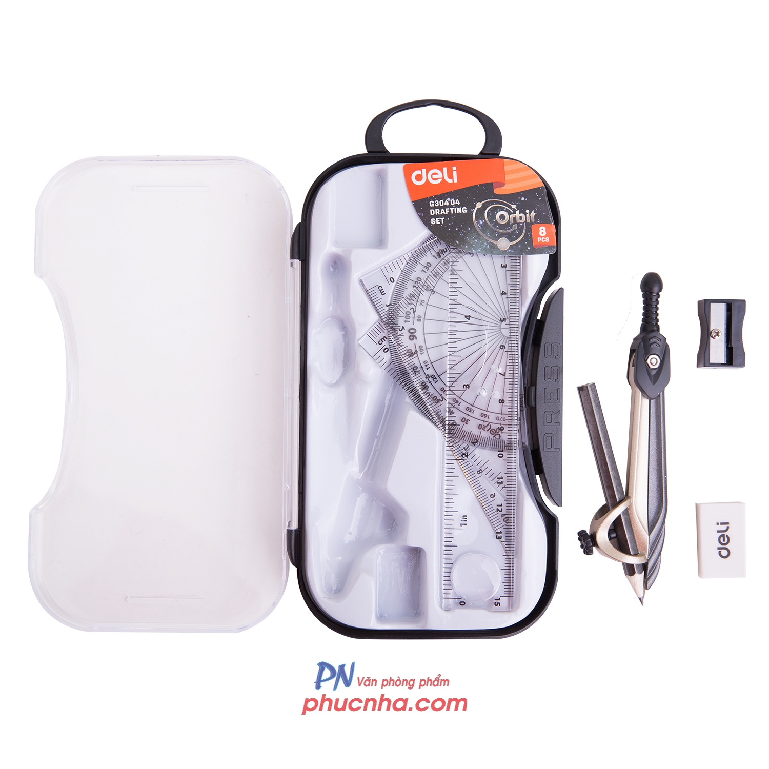 Bộ dụng cụ học sinh 8 món Deli G30404 compa chì kim, bộ thước, gôm, chuốt hộp mica (12)