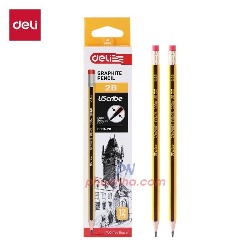 Bút chì gỗ Deli C004 2B đầu gôm (12)