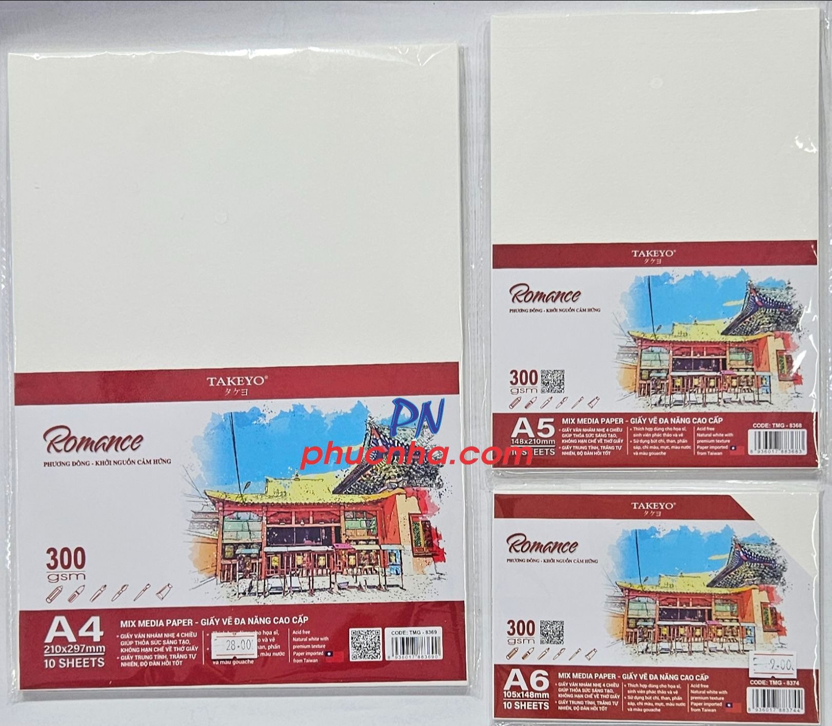 Giấy vẽ Romance 300gsm - Taiwan 10 tờ - A6 TMG-8374/ A5 TMG-8368/ A4 TMG-8369/ A3 TMG-8370