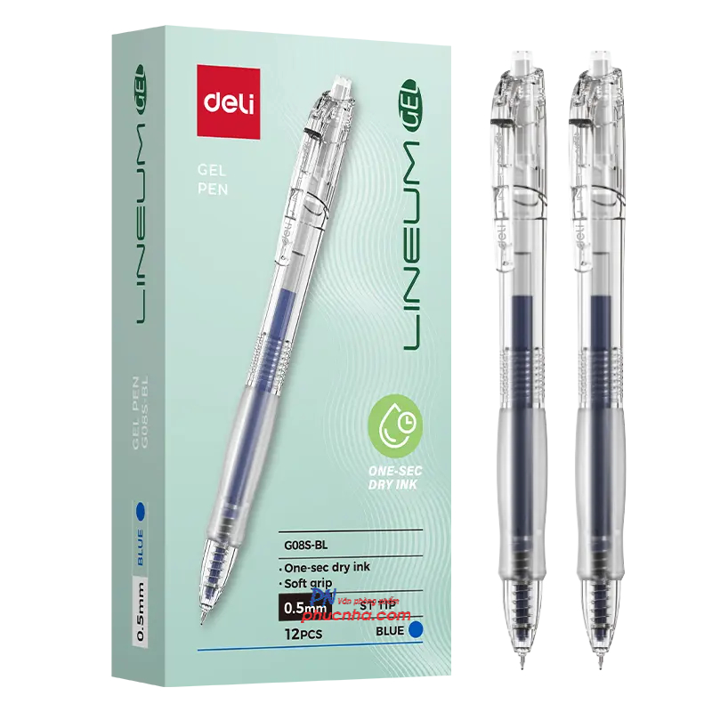 Bút gel bấm Deli G08E 0.5mm, mực xanh (12)