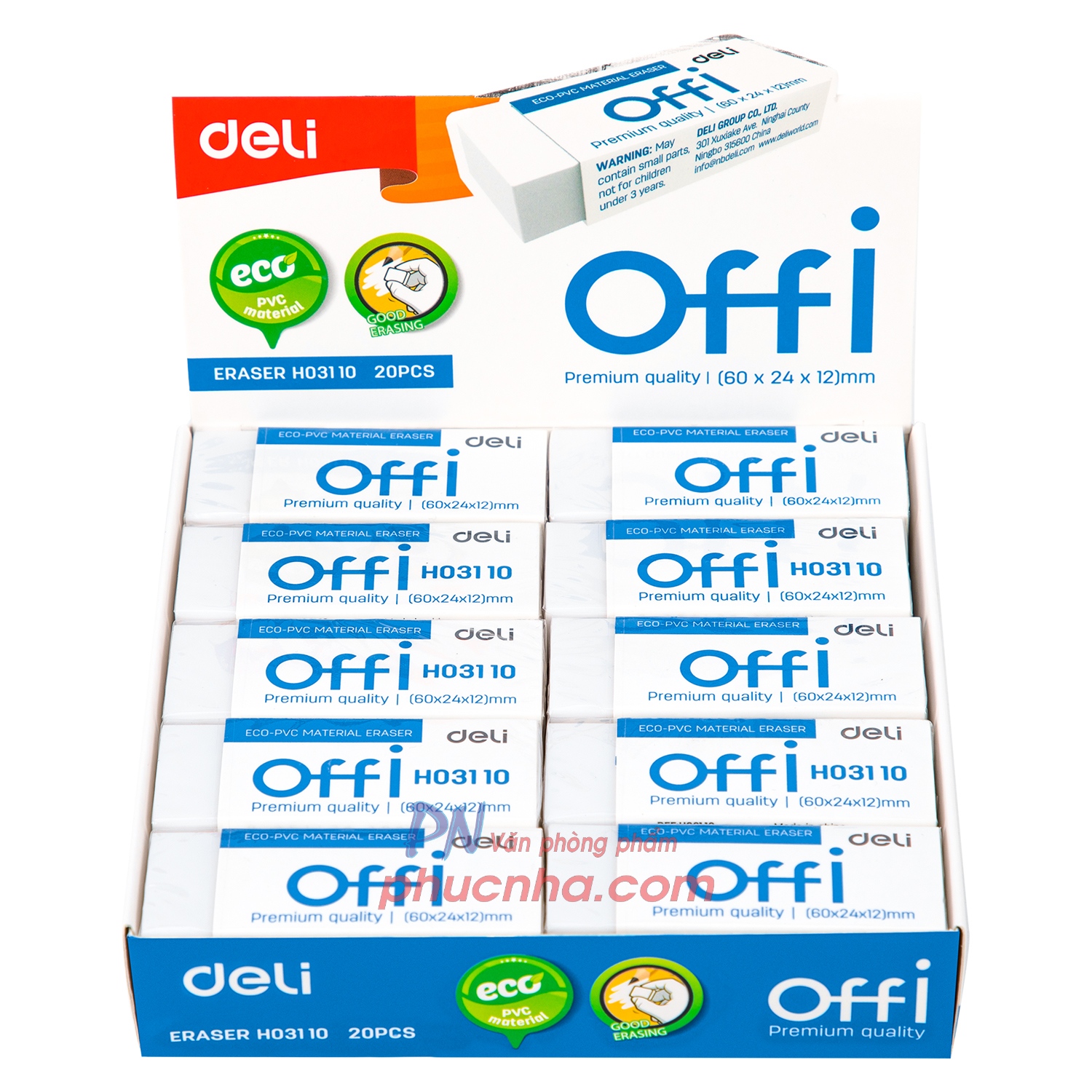 Gôm trắng Deli H03110 60x24x12mm (20) (lớn) Uscribe plus dust free ít vụn