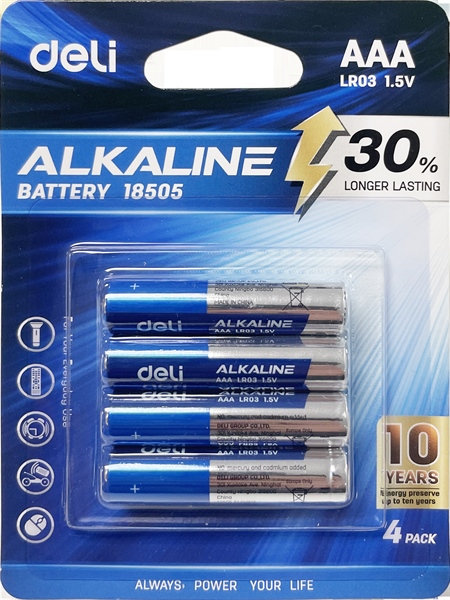 Pin AAA Alkaline Deli 18505 L036 1.5V 3A (4 viên/ vỉ) (20) - Pin remote, pin đũa