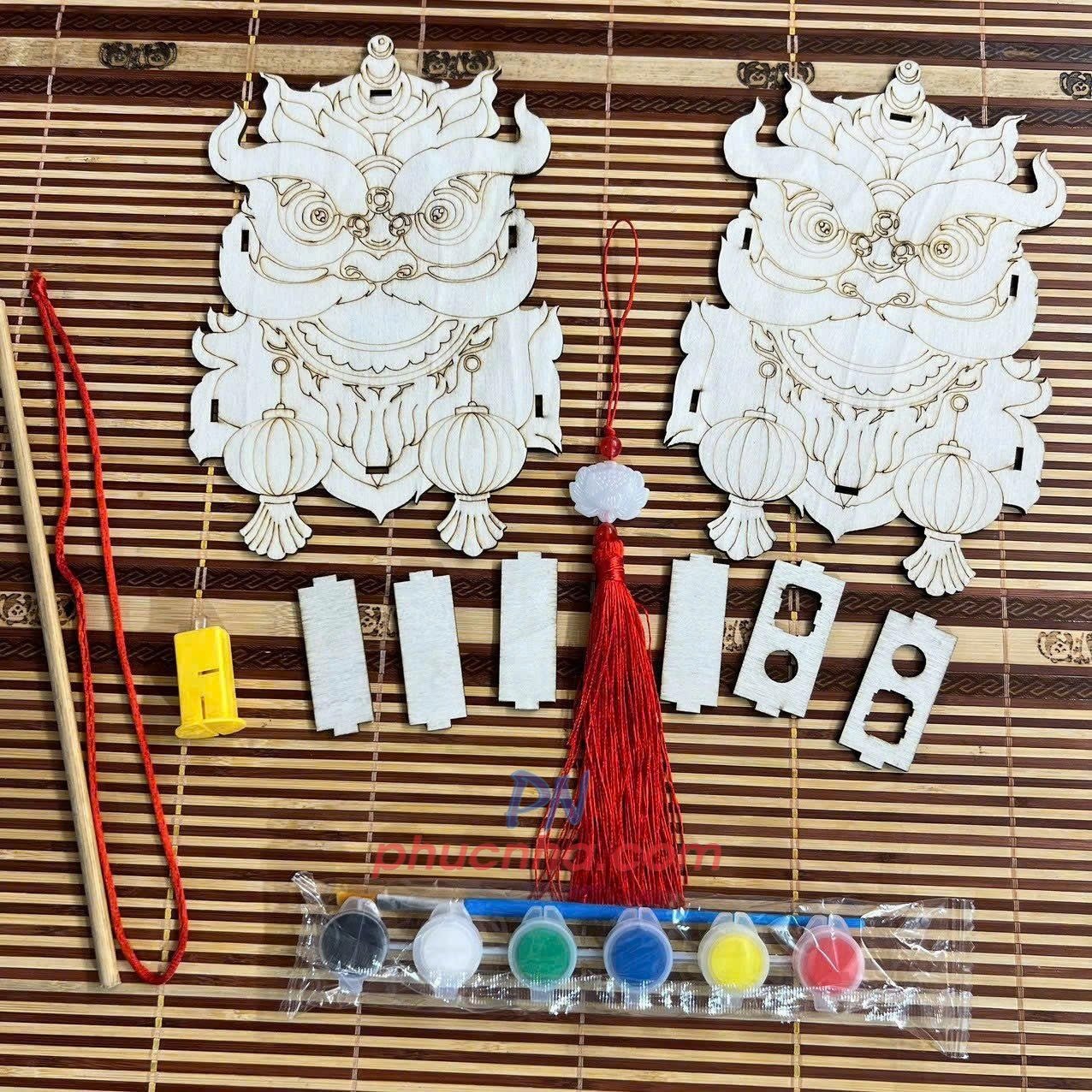 Set lồng đèn trung thu bằng gỗ tự tô màu cho bé (đủ phụ kiện đèn led, tua rua, màu, tay cầm) - Tết trung thu