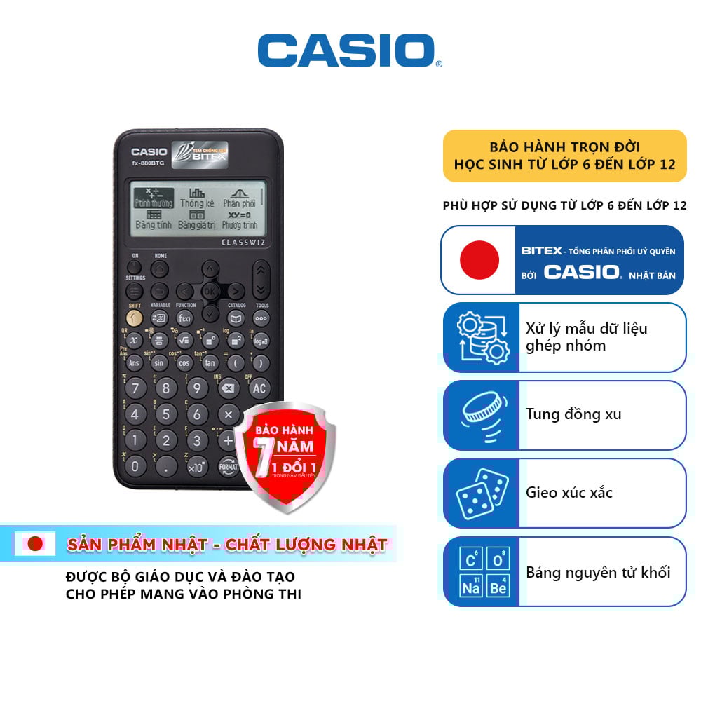 Máy tính Casio Fx-880BTG Bản khuyến mãi kèm 1 bút Frixion ball Clicker + 1 bút chì bấm Pilot
