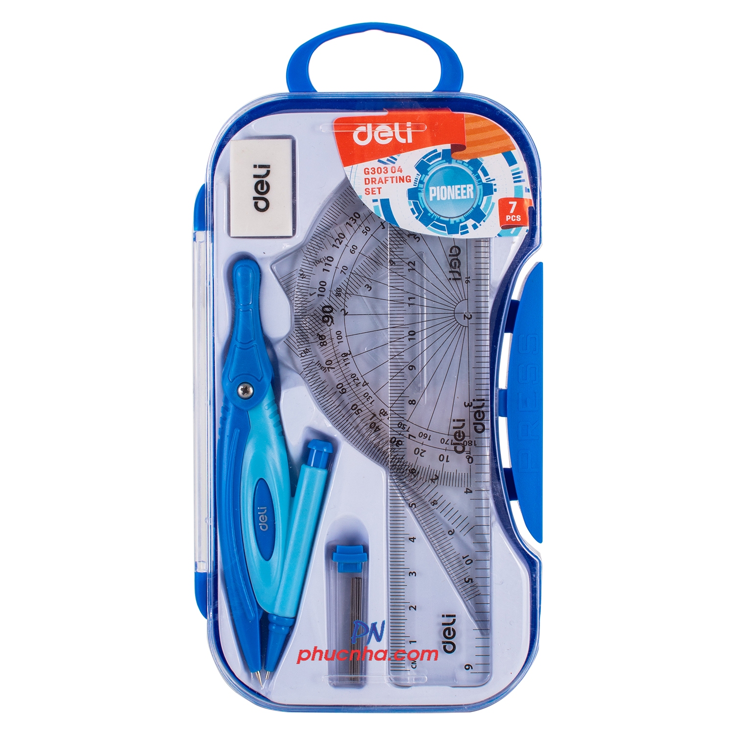 Bộ dụng cụ HS 7 món Deli G30304 hộp nhựa thước, compa, chuốt, gôm (12)