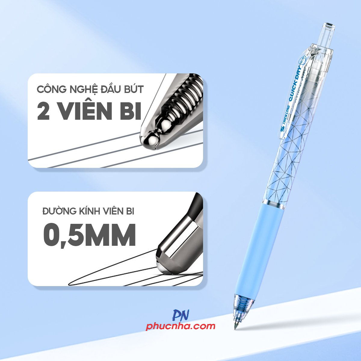 Bút gel Thiên Long GEL-033 quick dry 0.5mm, mực xanh (10)