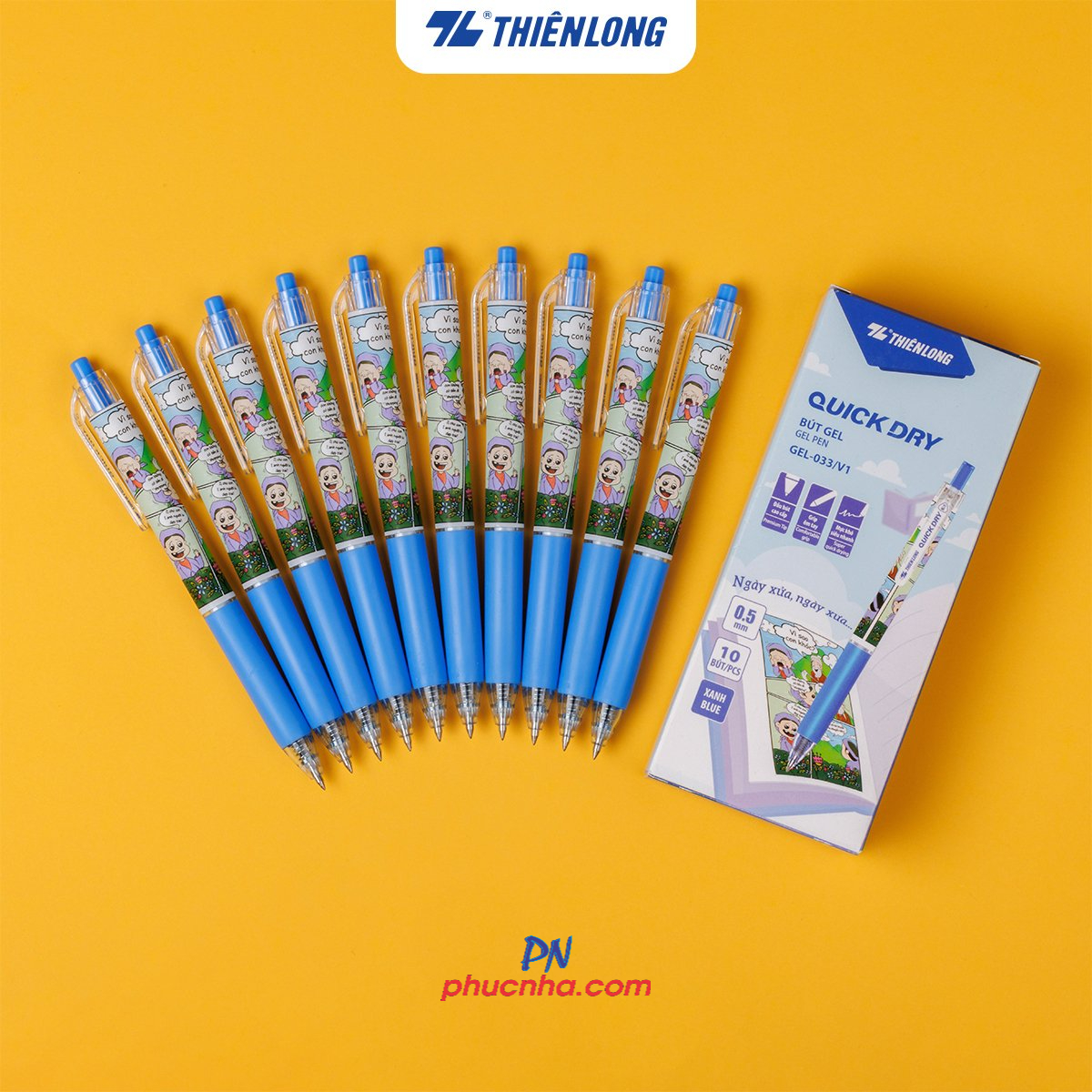 Bút gel Thiên Long GEL-033 quick dry 0.5mm, mực xanh (10)