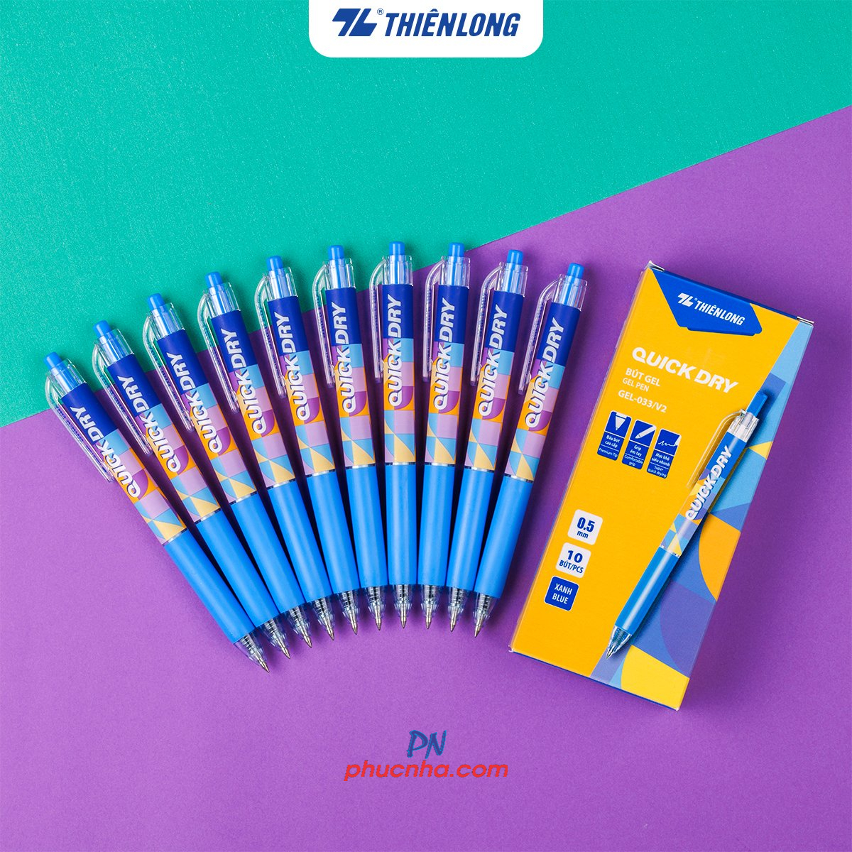 Bút gel Thiên Long GEL-033 quick dry 0.5mm, mực xanh (10)