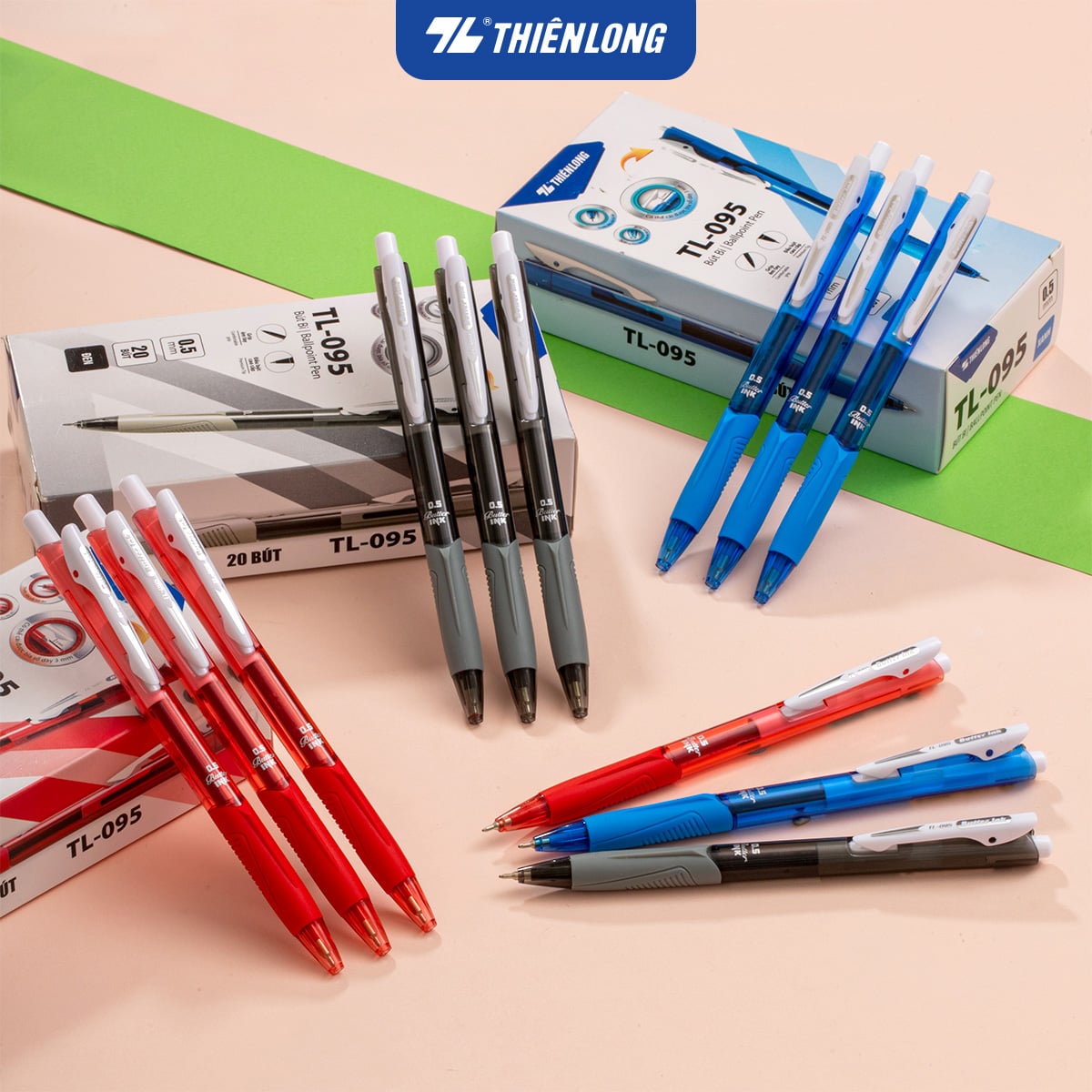 Bút bi Thiên Long TL-095 butter ink 0.5mm (20) - Mực xanh/ đỏ/ đen