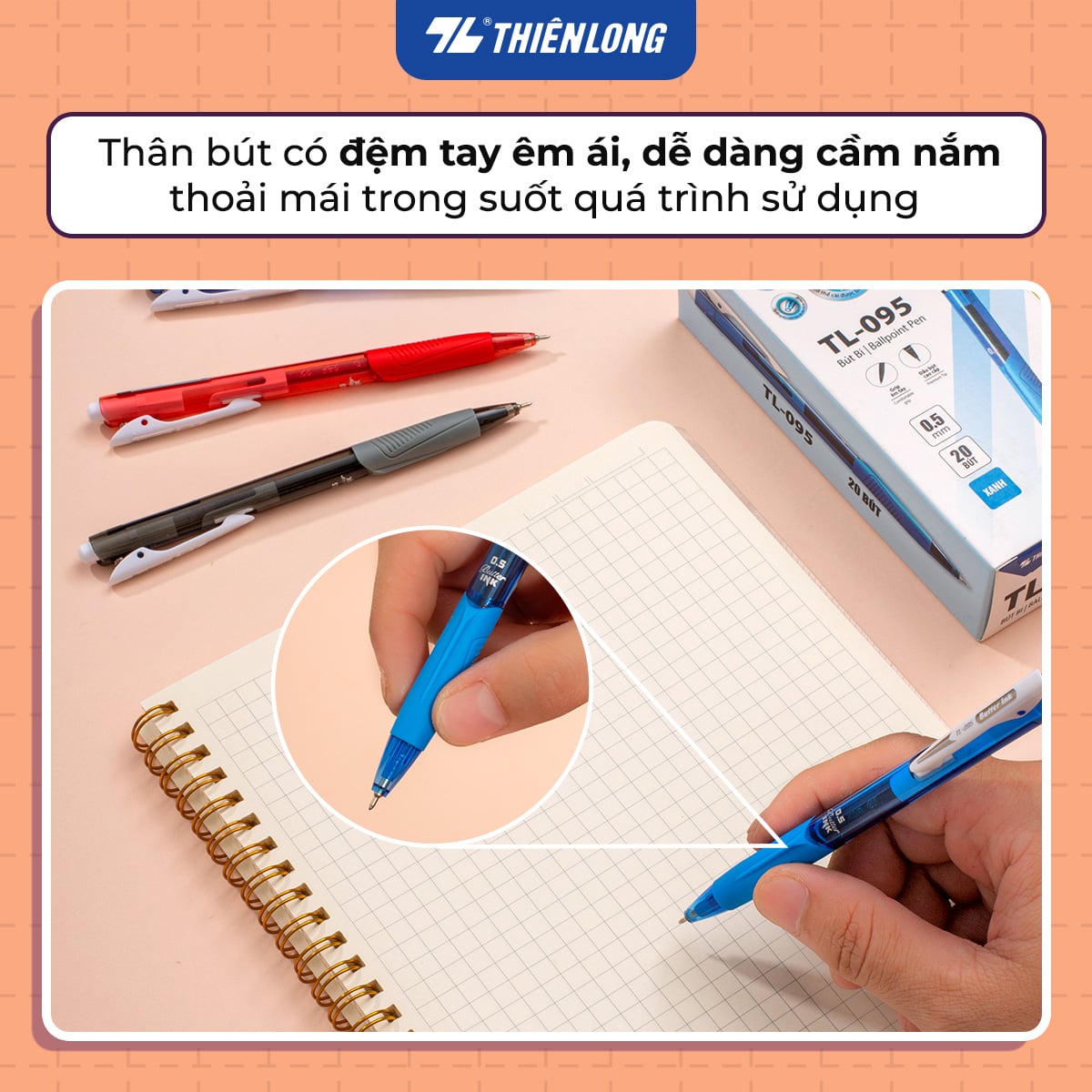 Bút bi Thiên Long TL-095 butter ink 0.5mm (20) - Mực xanh/ đỏ/ đen