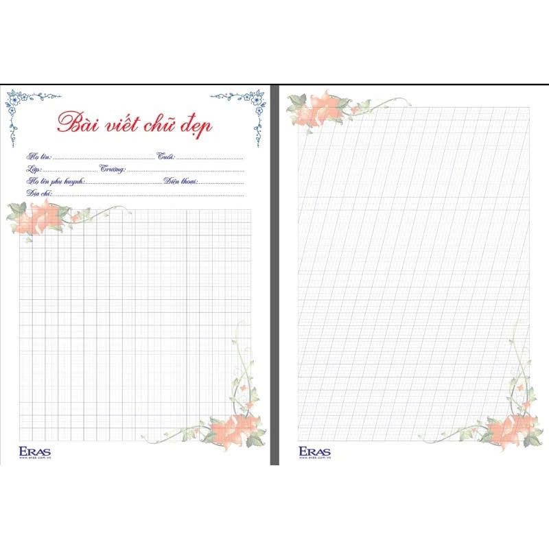 Giấy luyện viết chữ đẹp A4 120gsm Eras E758 4 ô ly 2 mặt (2.5x2.5mm), có in bài viết chữ đẹp (20 tờ/ xấp)