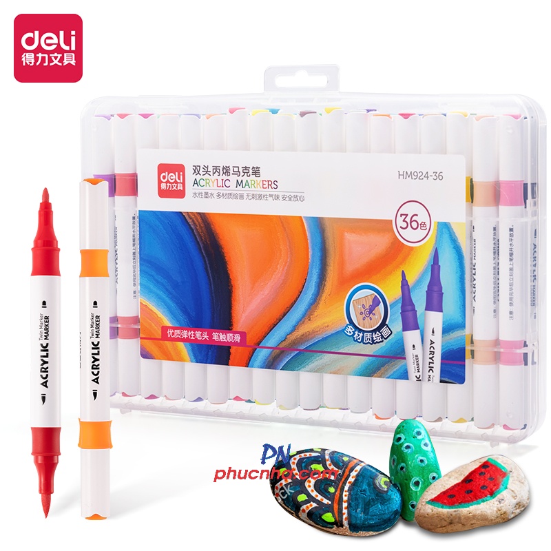 Bút dạ lông màu Acrylic Marker 2 đầu Deli HM924 - 12 màu/ 24 màu/ 36 màu