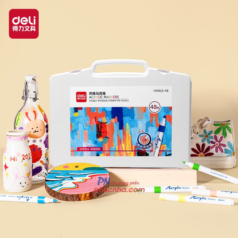 Bút lông màu Acrylic Marker Deli HM912-48 48 màu (Hộp trắng)
