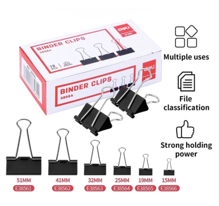 Kẹp bướm đen Deli 38564 25mm/ 38563 32mm/ 38562 41mm/ 38561 51mm (12 cái/ hộp)