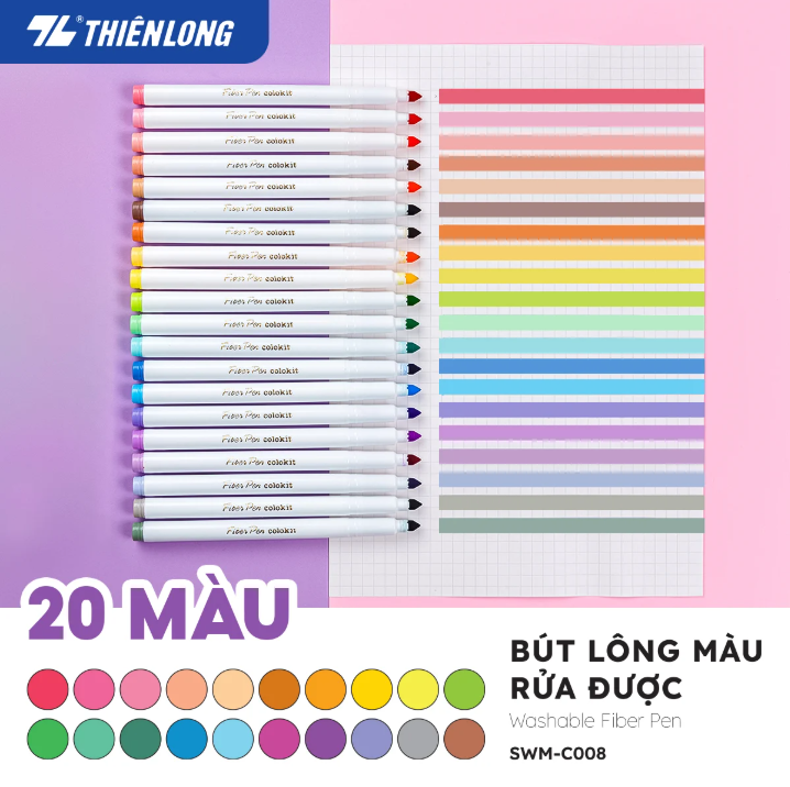 Bút lông màu Fiber Pen Thiên Long Colokit SWM-C008 20 màu tone pastel (có thể rửa được) ngòi chóp