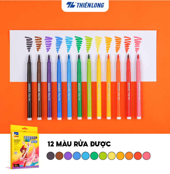 Bút lông màu bursh Fiber Pen Thiên Long Colokit SWM-C010/AK 12 màu ngòi brush (có thể rửa được)