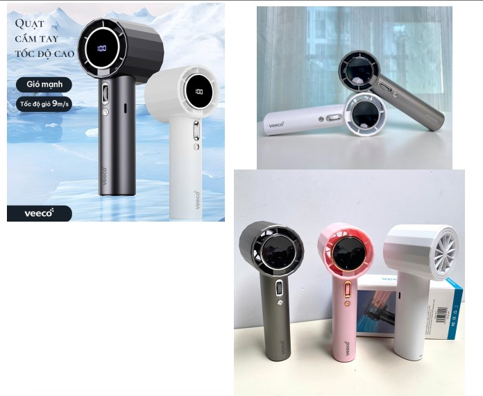 Quạt sạc cầm tay tốc độ cao có màn hình hiển thị pin, độ gió
