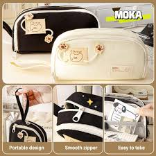 Bóp viết vải Moka Cheese bear 2 dây kéo có quai cầm chân tòn ten