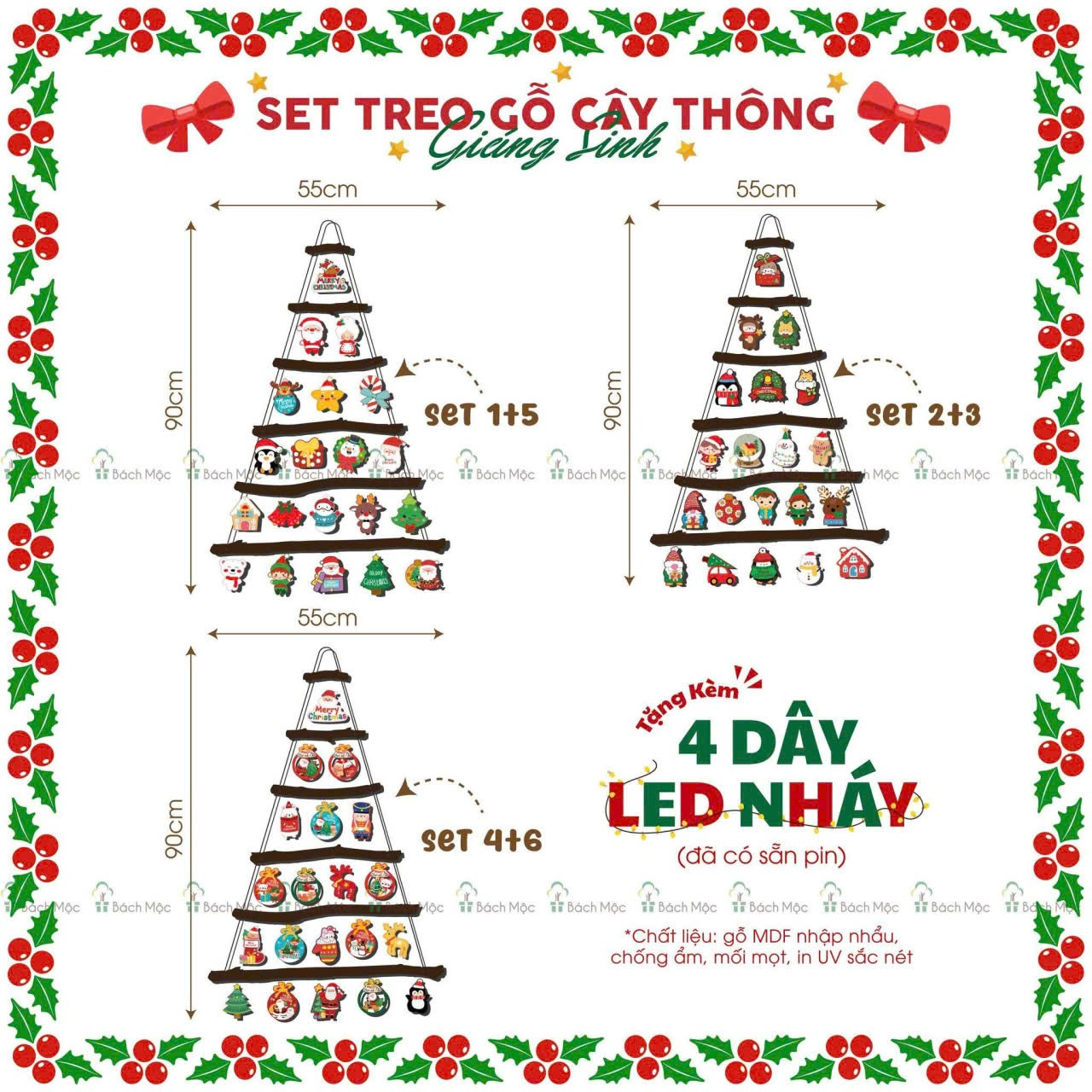 Set treo gỗ cây thông giáng sinh ( 20 hình + 4 dây đèn led/ set)