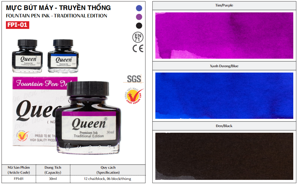 Mực viết máy Queen FPI-01 30ml (12/72) - Mực xanh/ tím/ đen