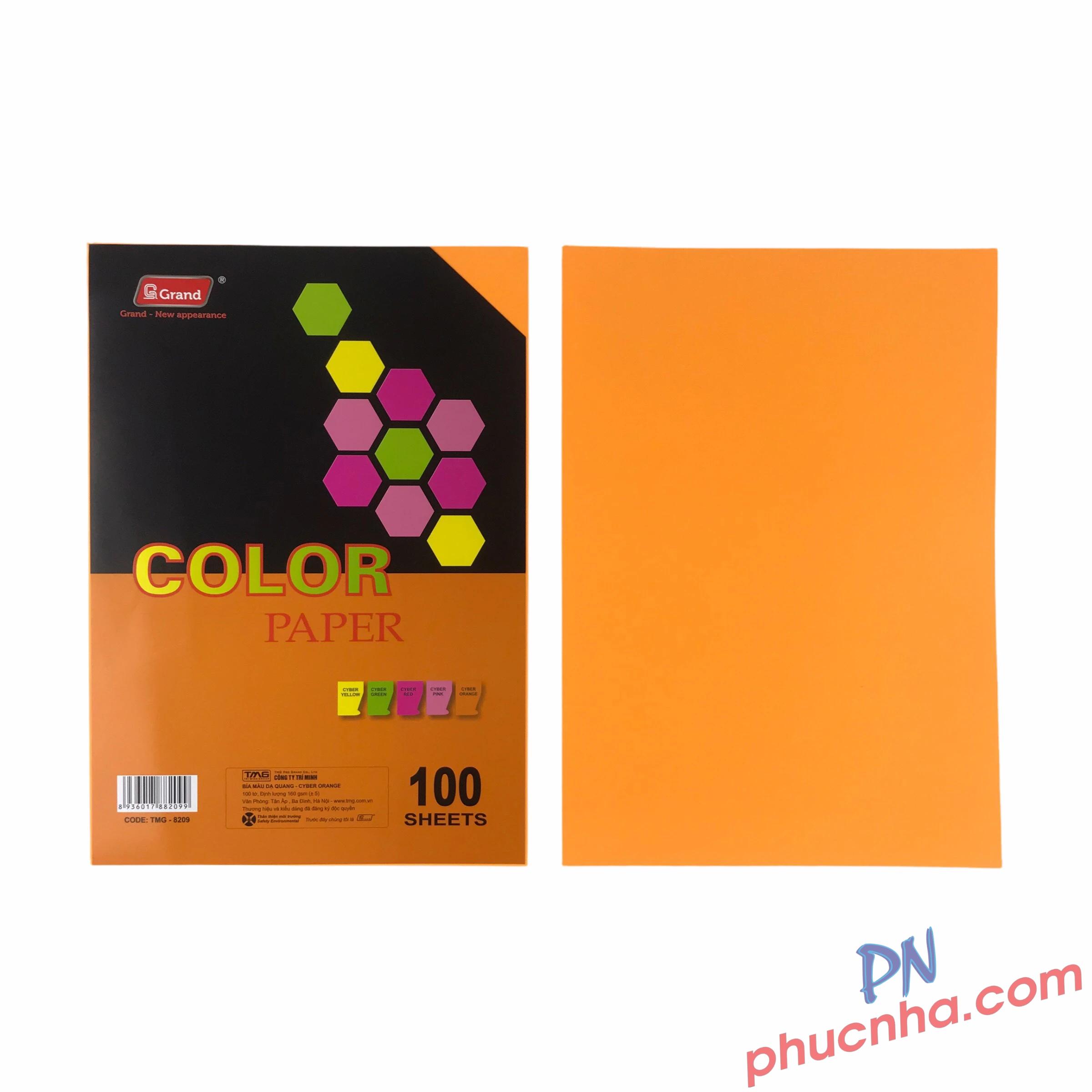 Giấy bìa màu đặc biệt dạ quang A4 160gsm Grand (100 tờ/ xấp)