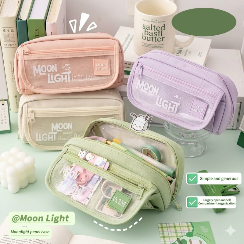 Bóp viết vải Moon light hope Moka 3 ngăn 2 dây kép, 1 nút có nắp 20x6x9cm (4 màu)