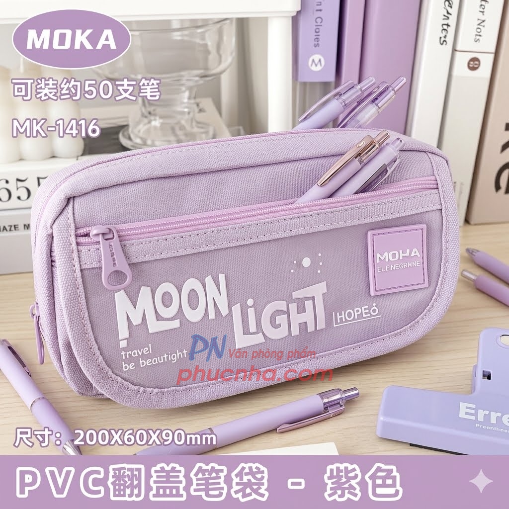 Bóp viết vải Moon light hope Moka 3 ngăn 2 dây kép, 1 nút có nắp 20x6x9cm (4 màu)