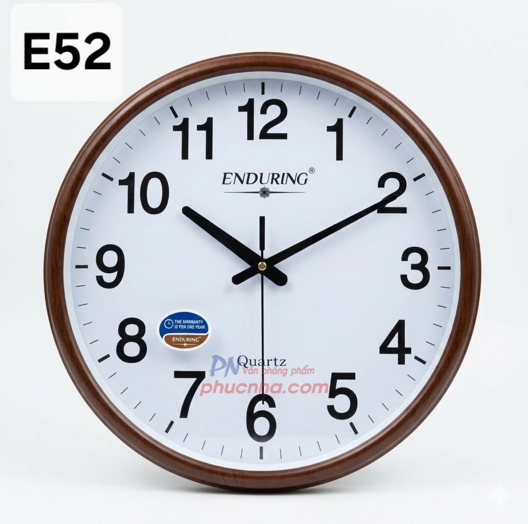 Đồng hồ treo tường E52 38cm mặt kính 34 cm máy kim trôi tốt viền nâu
