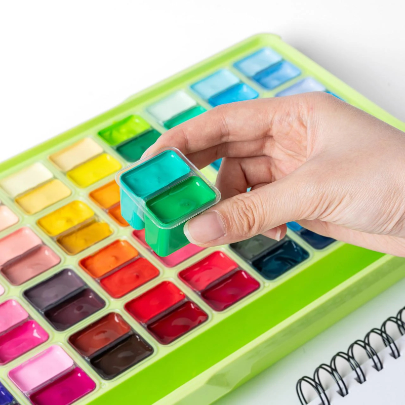 Màu vẽ gouache dạng thạch HIMI Twin Cup Paint kit - 12g x 72 màu + kèm bộ dụng cụ vẽ (APPLE GREEN CASE - GO PACK SET) - màu nước Gouache dạng thạch JELLY cup